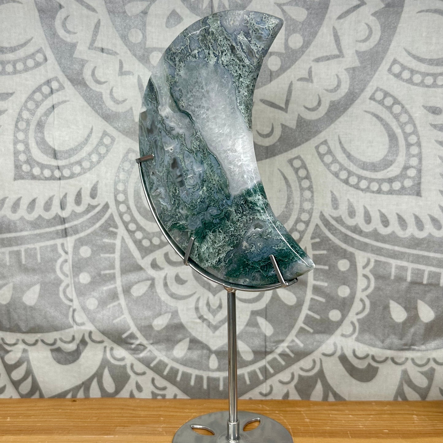 High Grade Jelly Moss Agate Moon On Stand Style 1