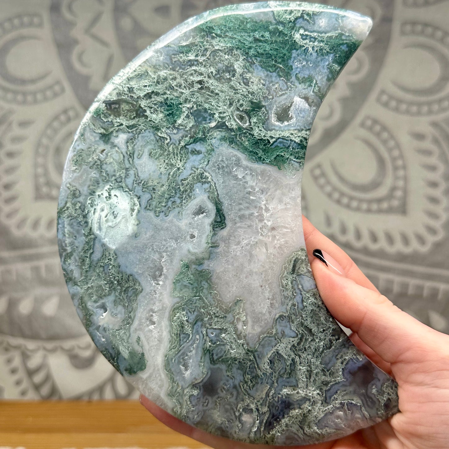 High Grade Jelly Moss Agate Moon On Stand Style 1