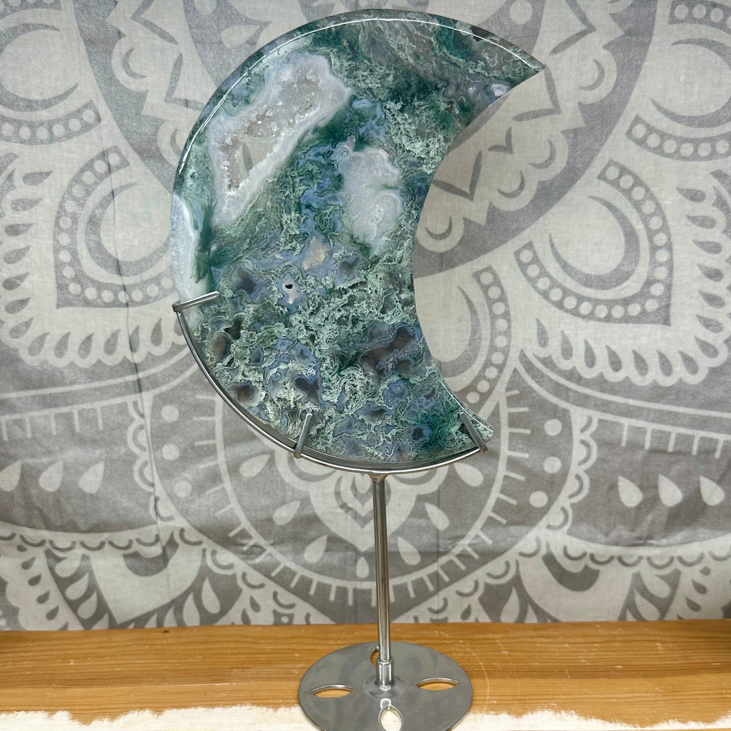 High Grade Jelly Moss Agate Moon On Stand Style 2