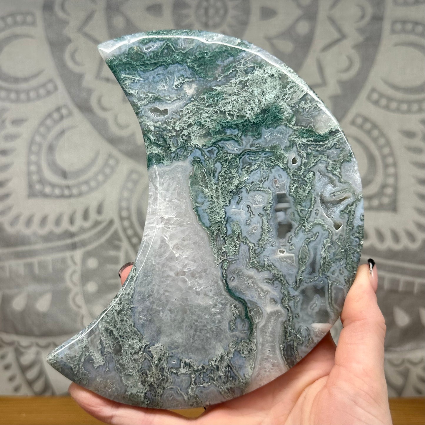 High Grade Jelly Moss Agate Moon On Stand Style 1