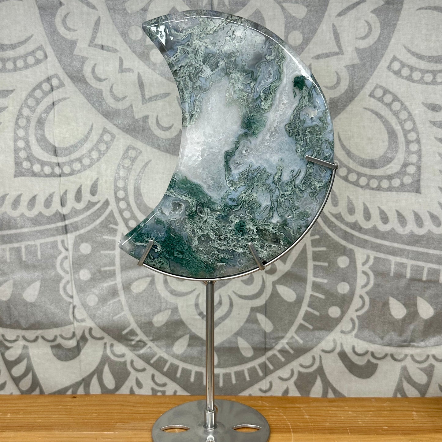 High Grade Jelly Moss Agate Moon On Stand Style 1