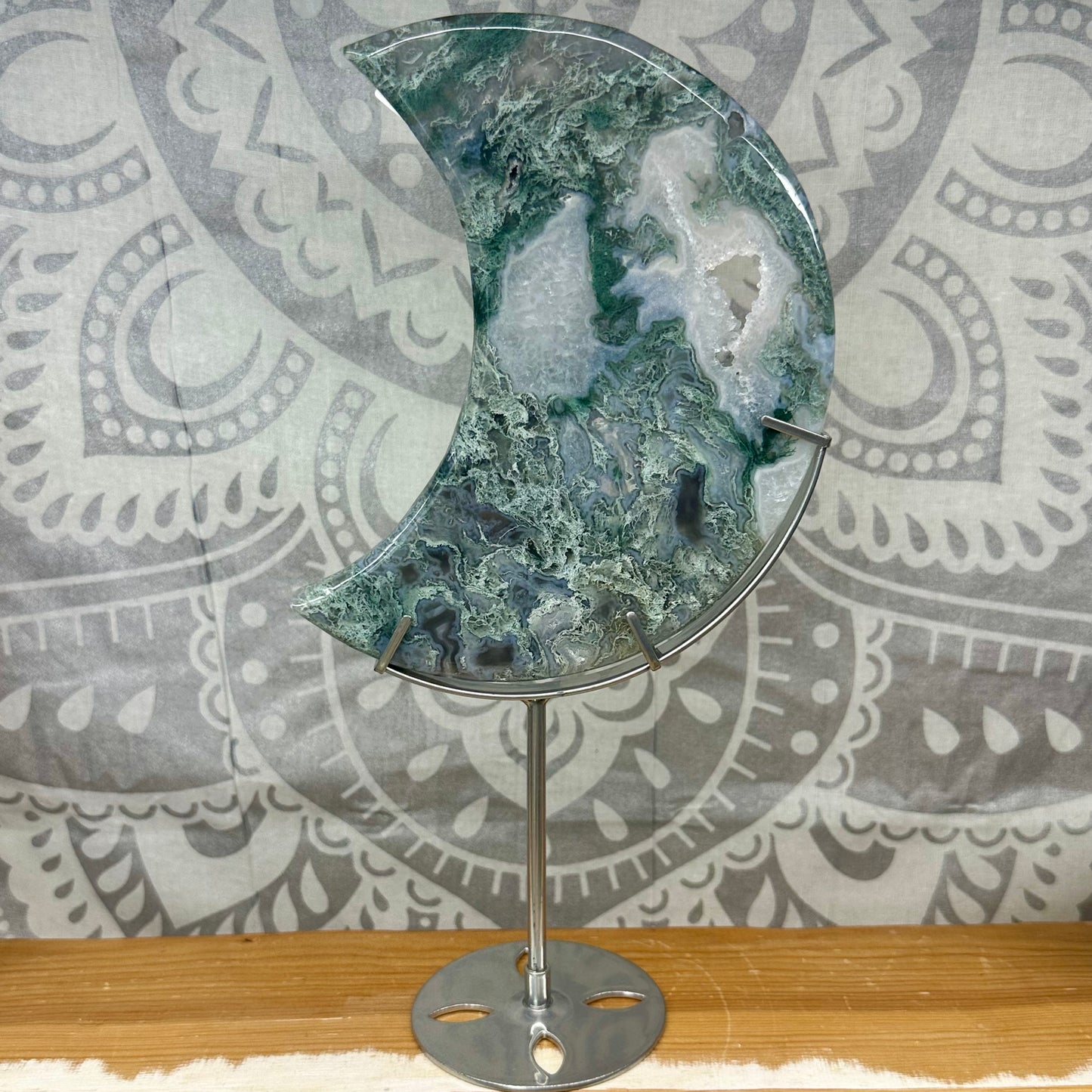High Grade Jelly Moss Agate Moon On Stand Style 2