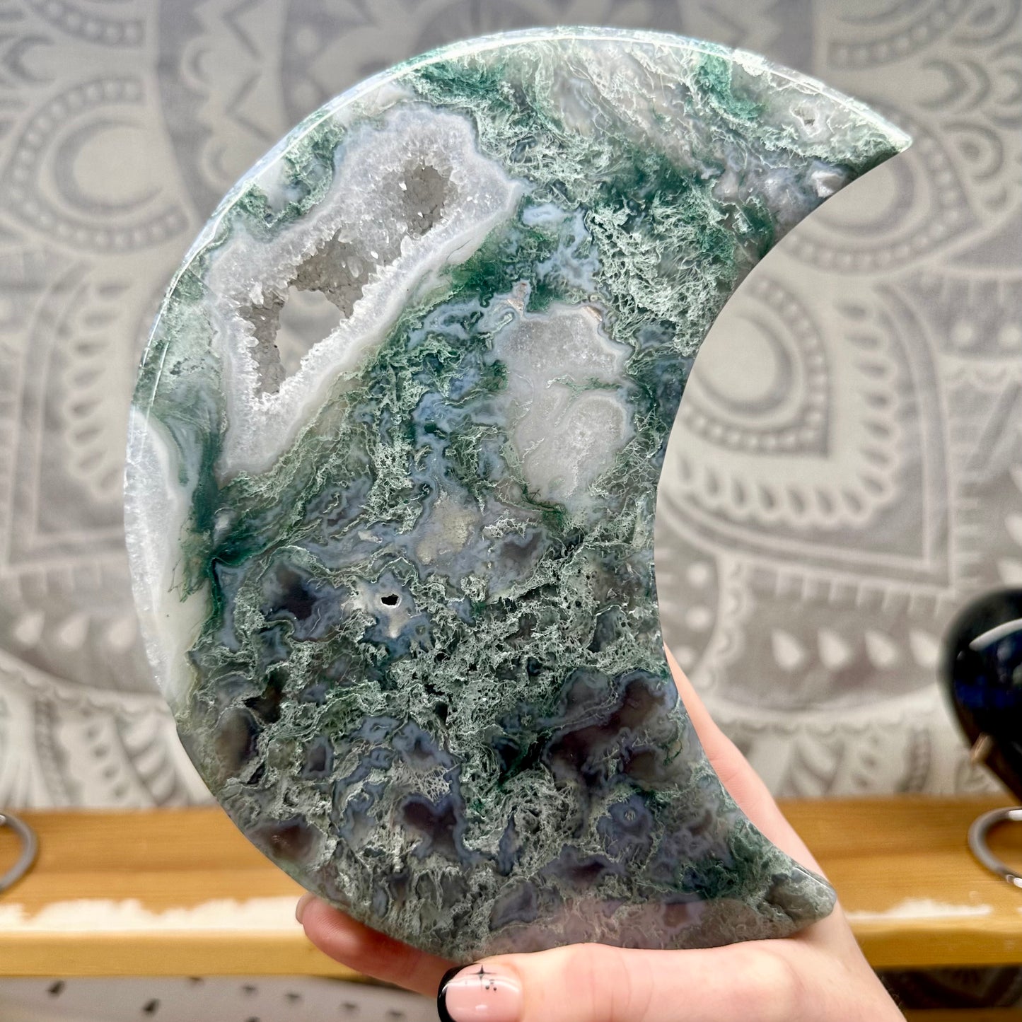 High Grade Jelly Moss Agate Moon On Stand Style 2