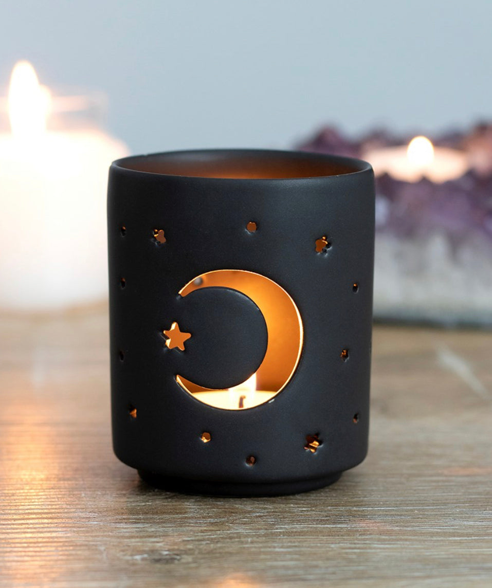 Small Black Mystical Moon Cut Out Tealight Holder