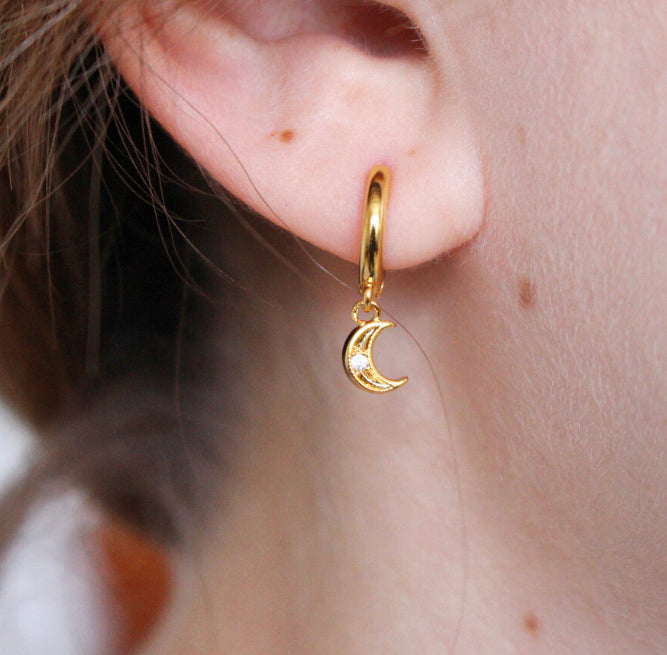 Moon and Star Charm Huggie Hoop Earrings