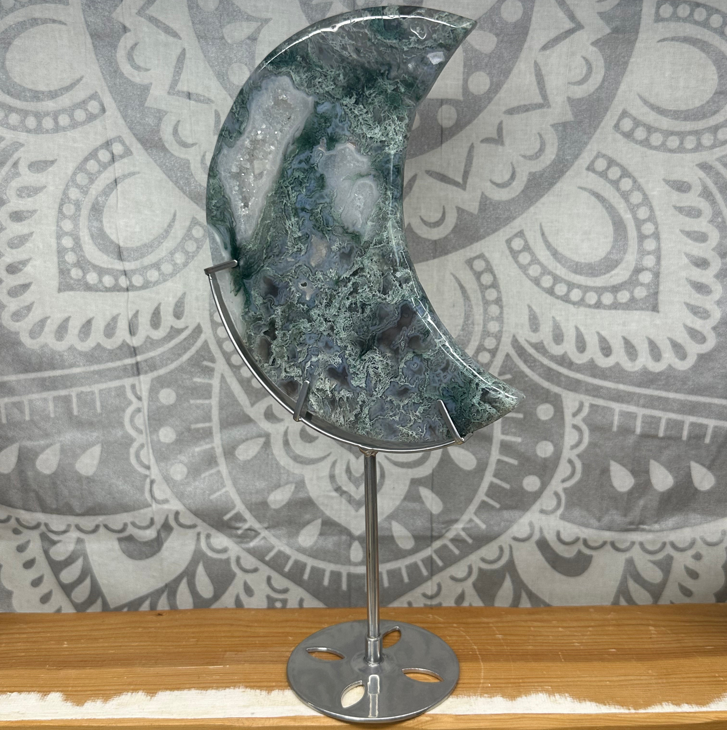 High Grade Jelly Moss Agate Moon On Stand Style 2