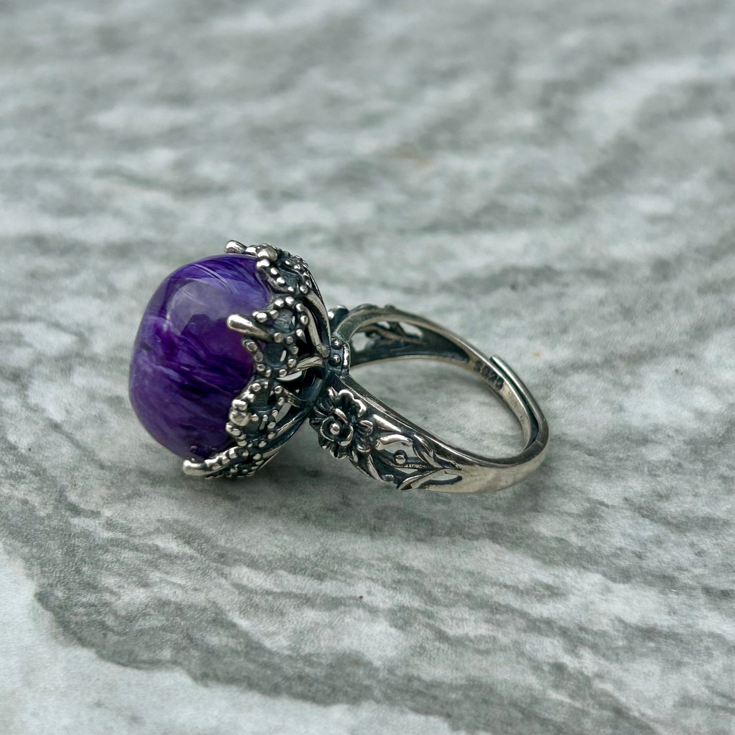 Adjustable Charolite 925 Ring