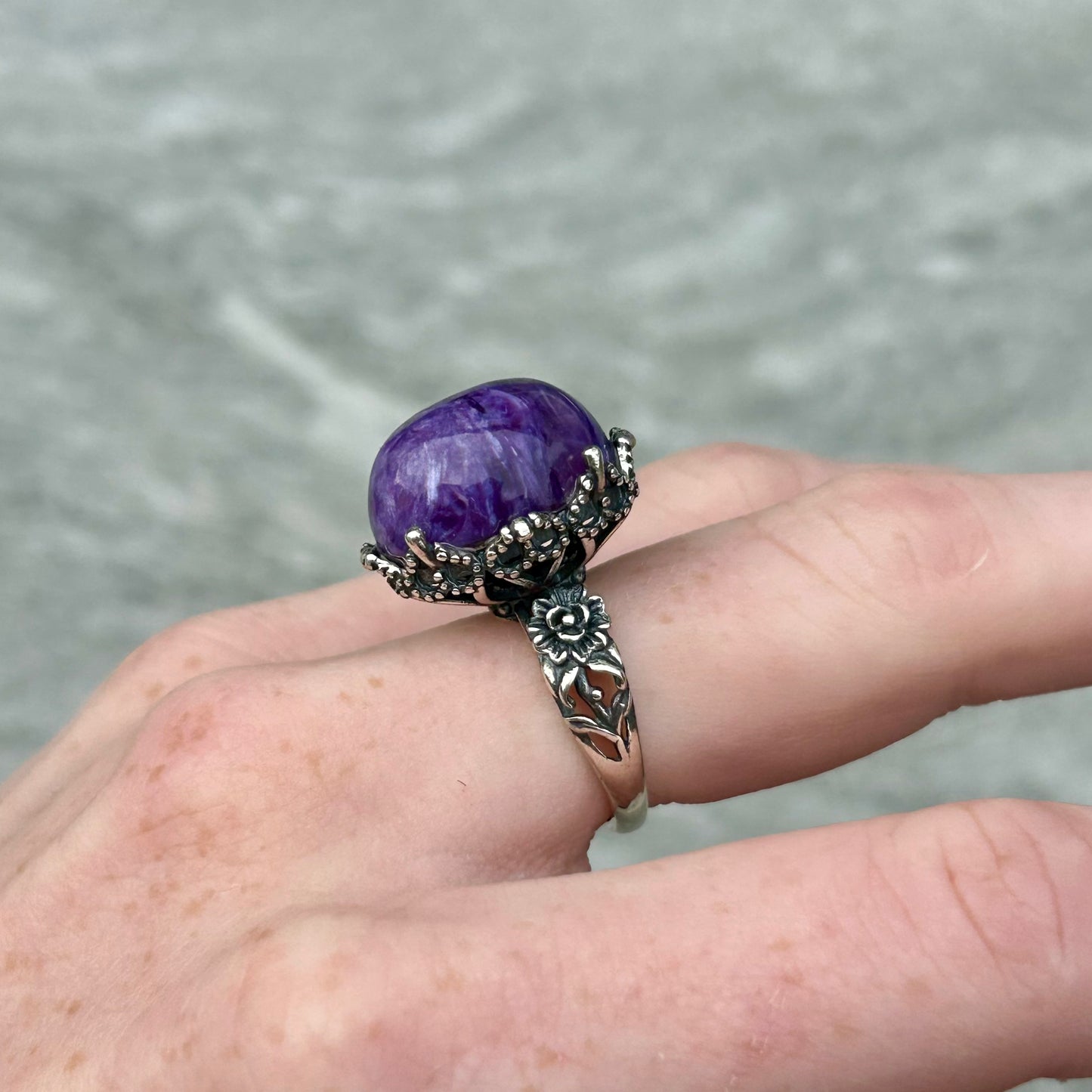 Adjustable Charolite 925 Ring