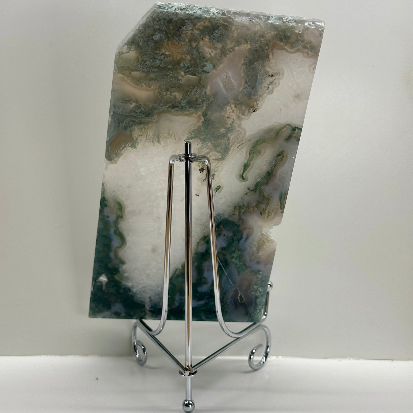 Moss Agate Slab On Stand