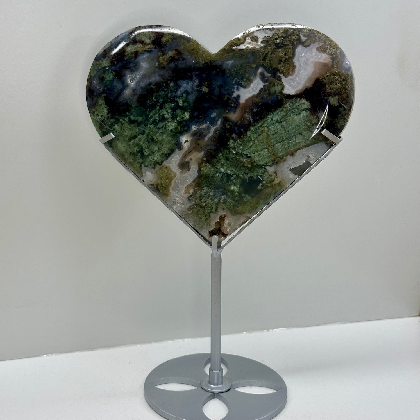 Moss Agate Heart On Stand