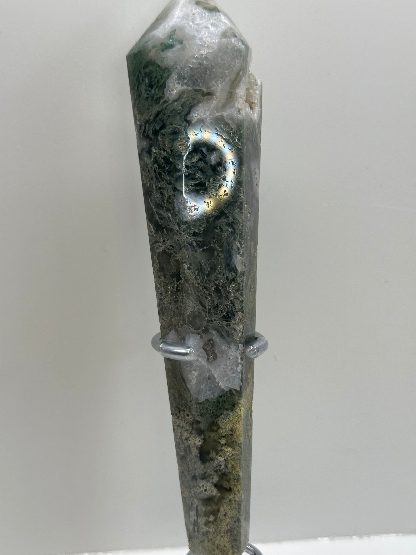 Moss Agate Wand On Stand