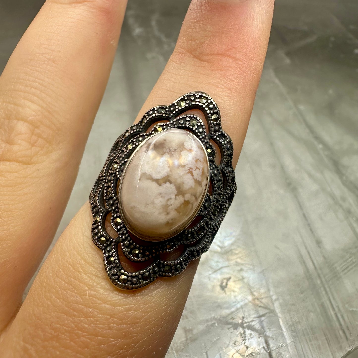 Flower Agate Adjustable Ring