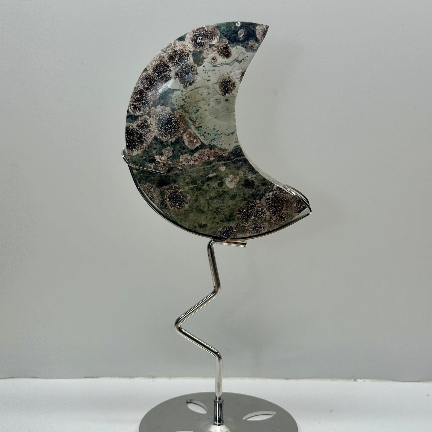 Green Flower Agate Moon On Stand
