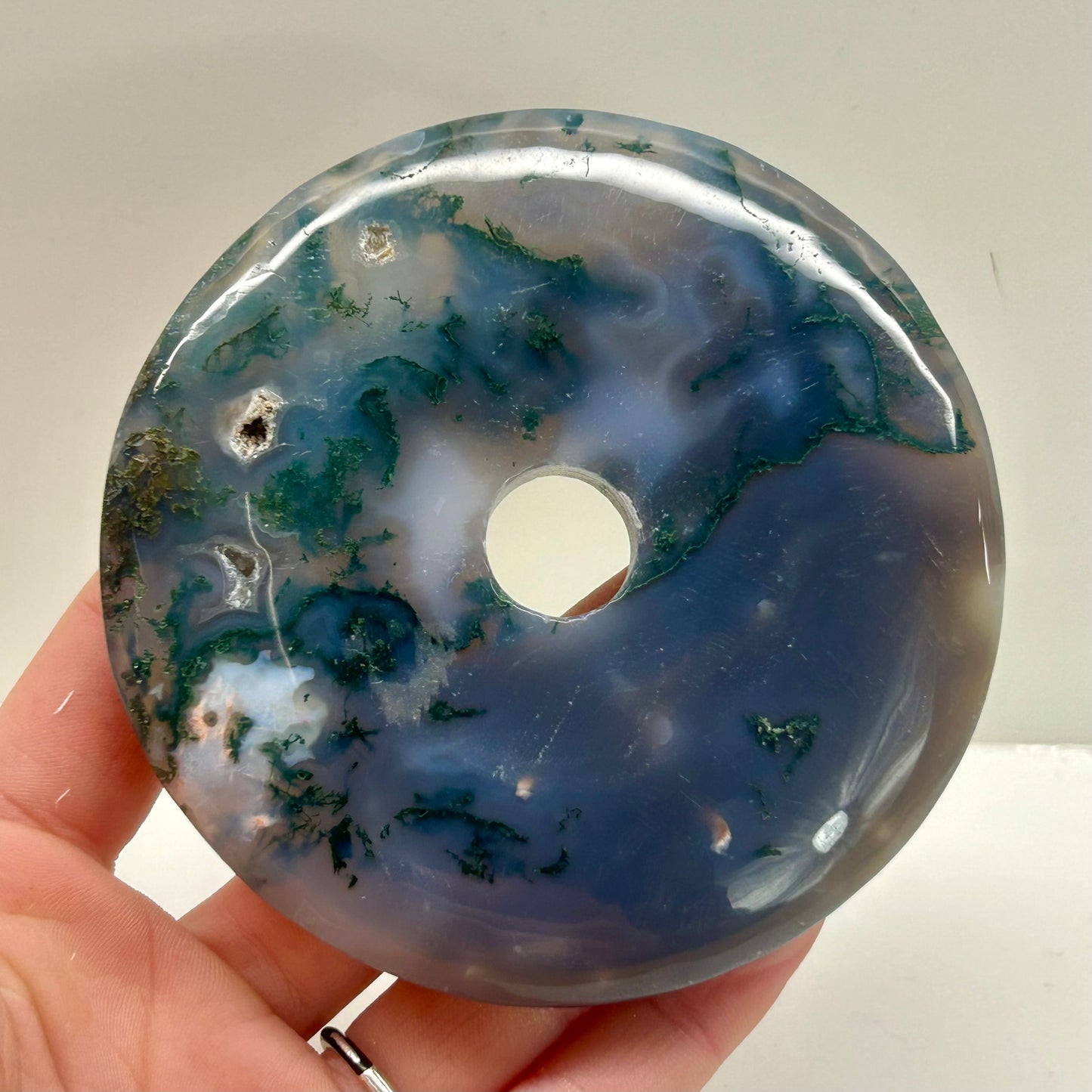 Moss Agate Donut On Stand