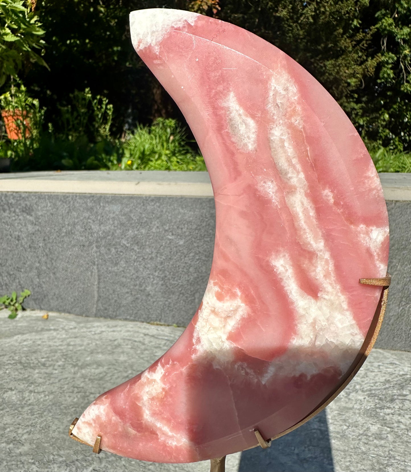 Pink Opal Moon Carving On Stand