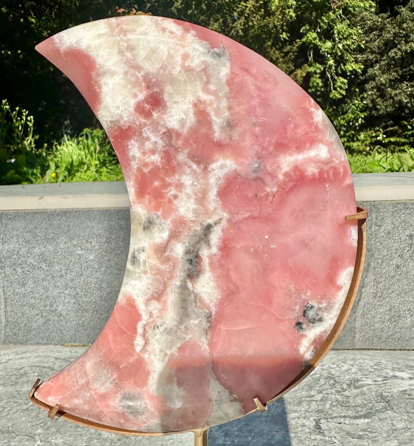 Pink Opal Moon Carving On Stand