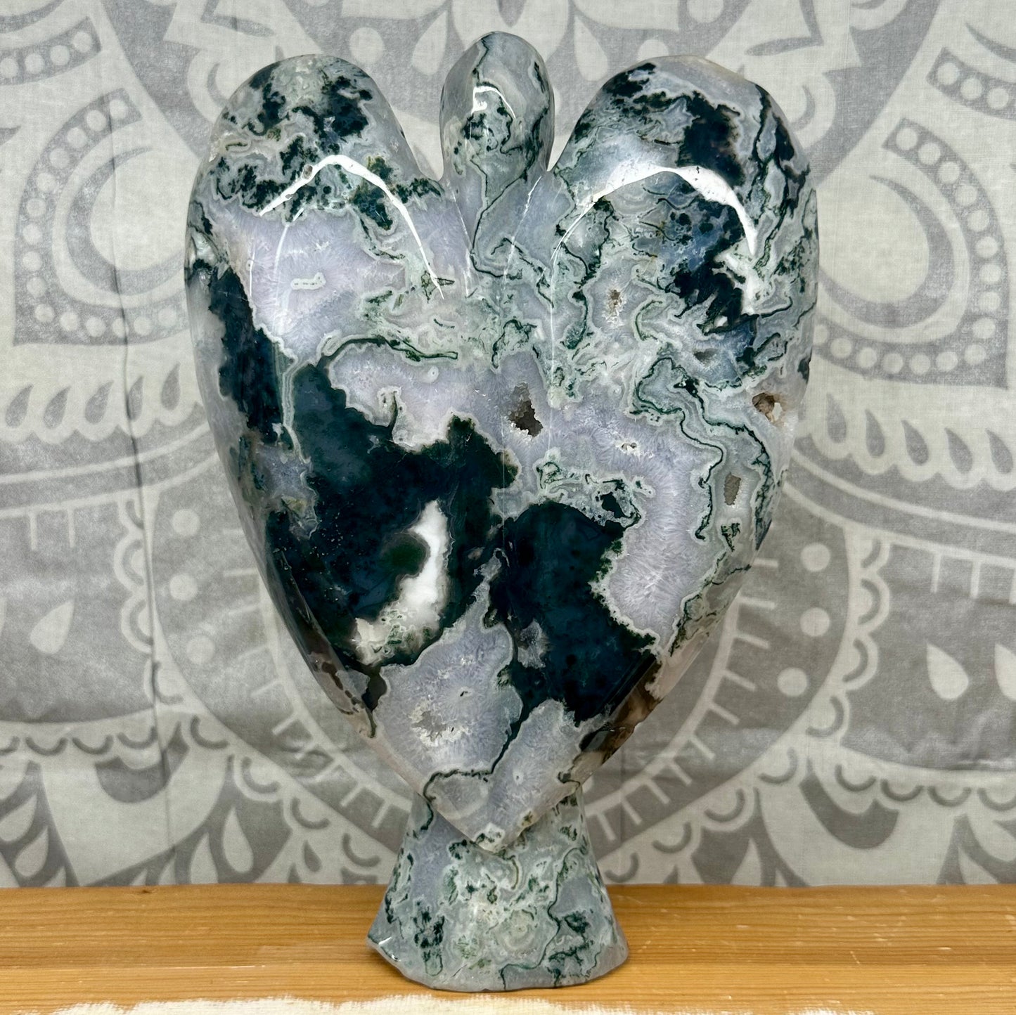 High Grade Moss Agate Angel Carving