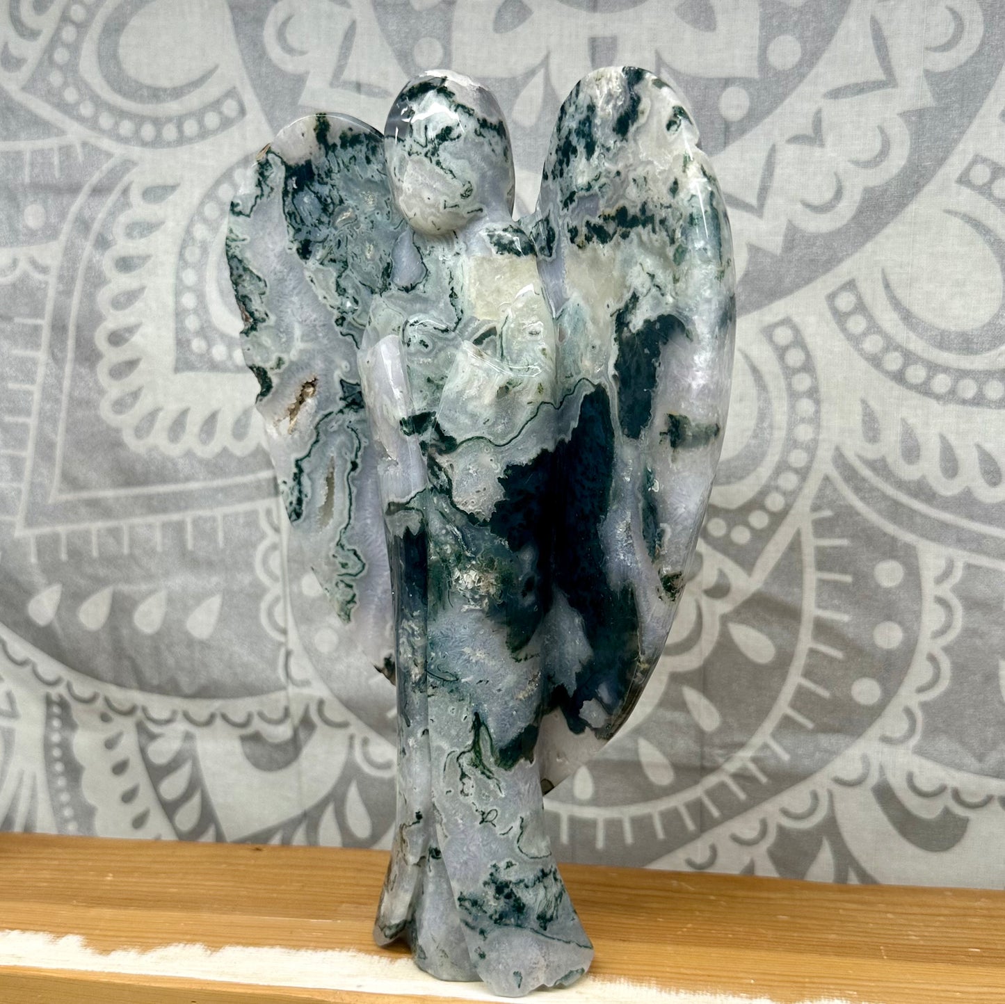 High Grade Moss Agate Angel Carving