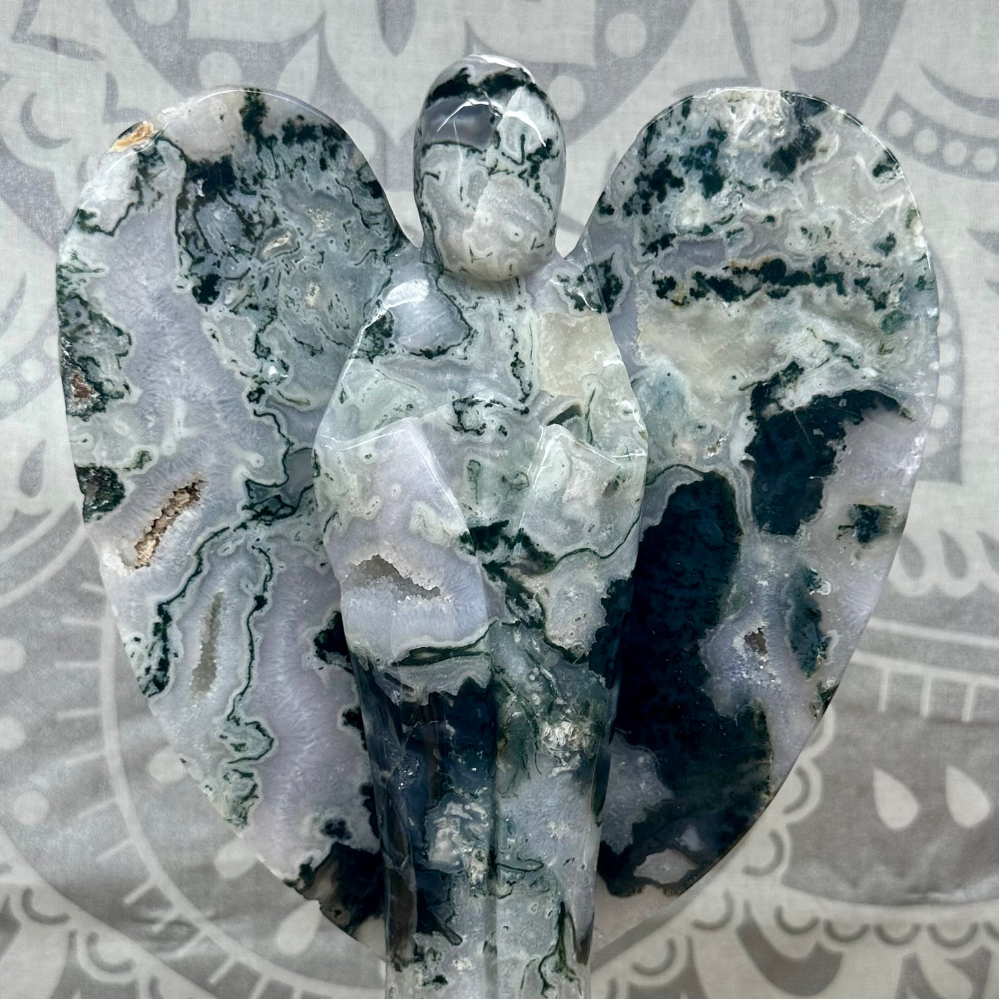 High Grade Moss Agate Angel Carving