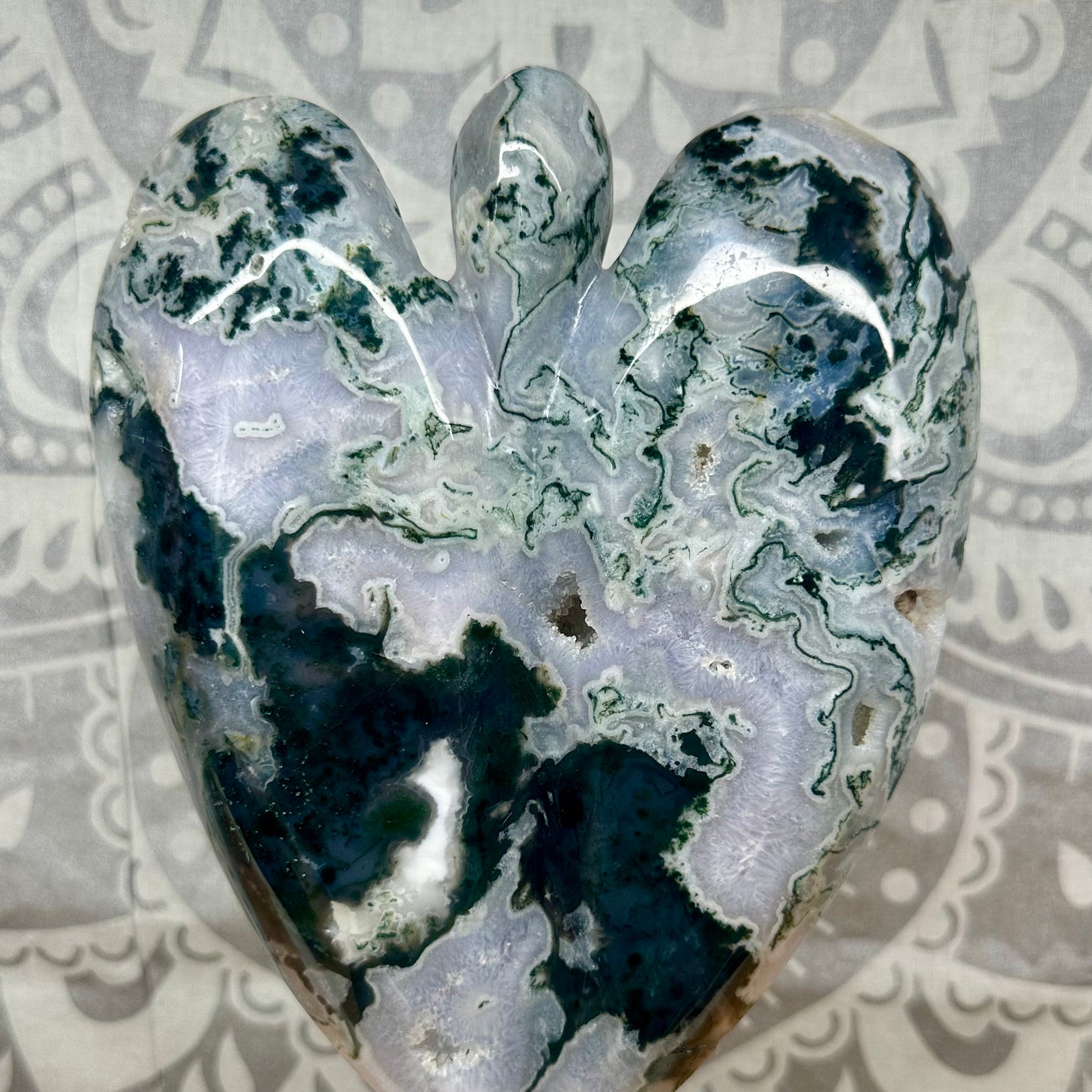 High Grade Moss Agate Angel Carving