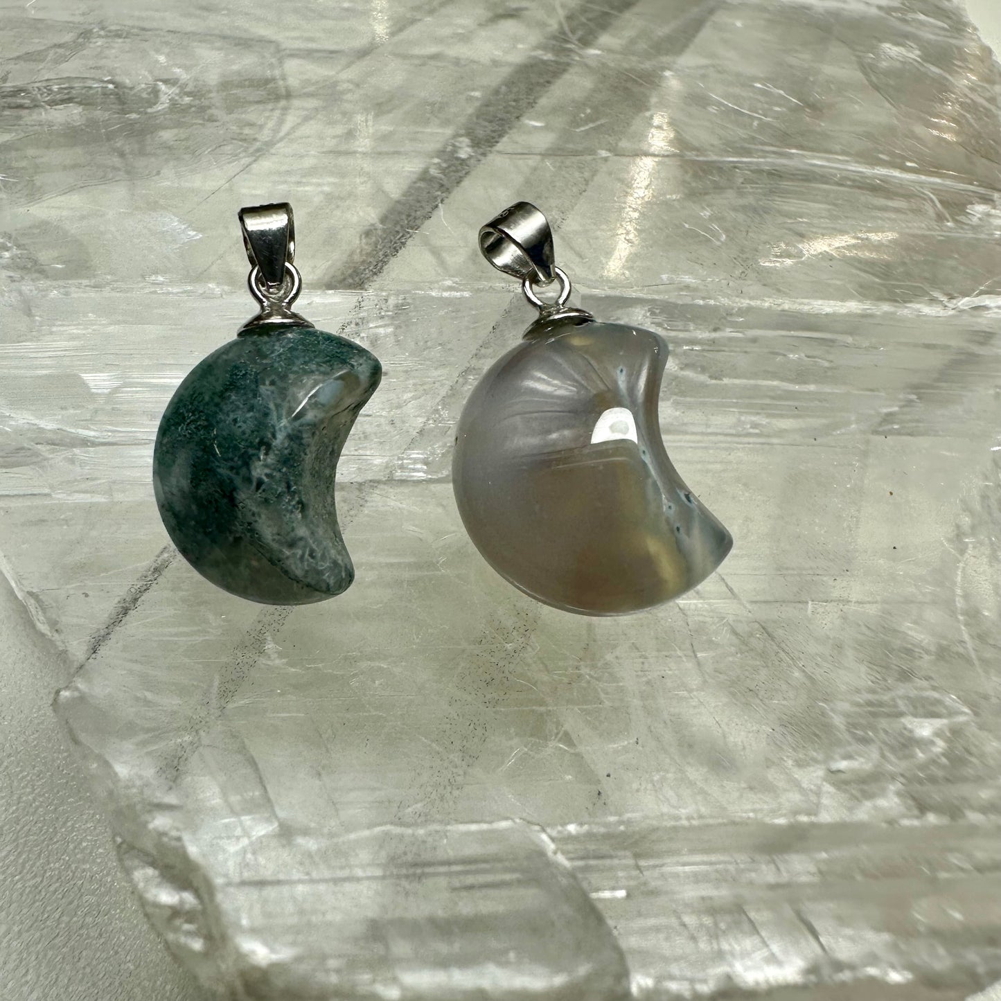 Moss Agate Moon Carvings Mini Pendants
