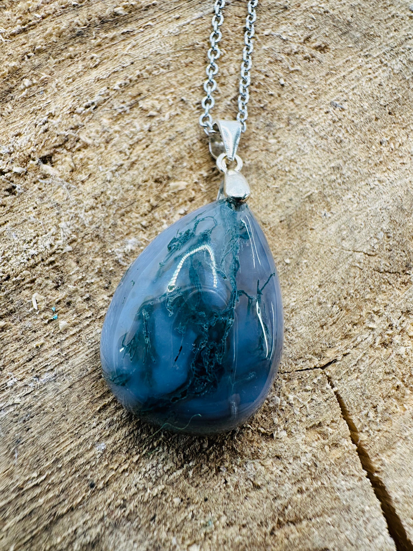 925 Moss Agate Tear Drop Pendant