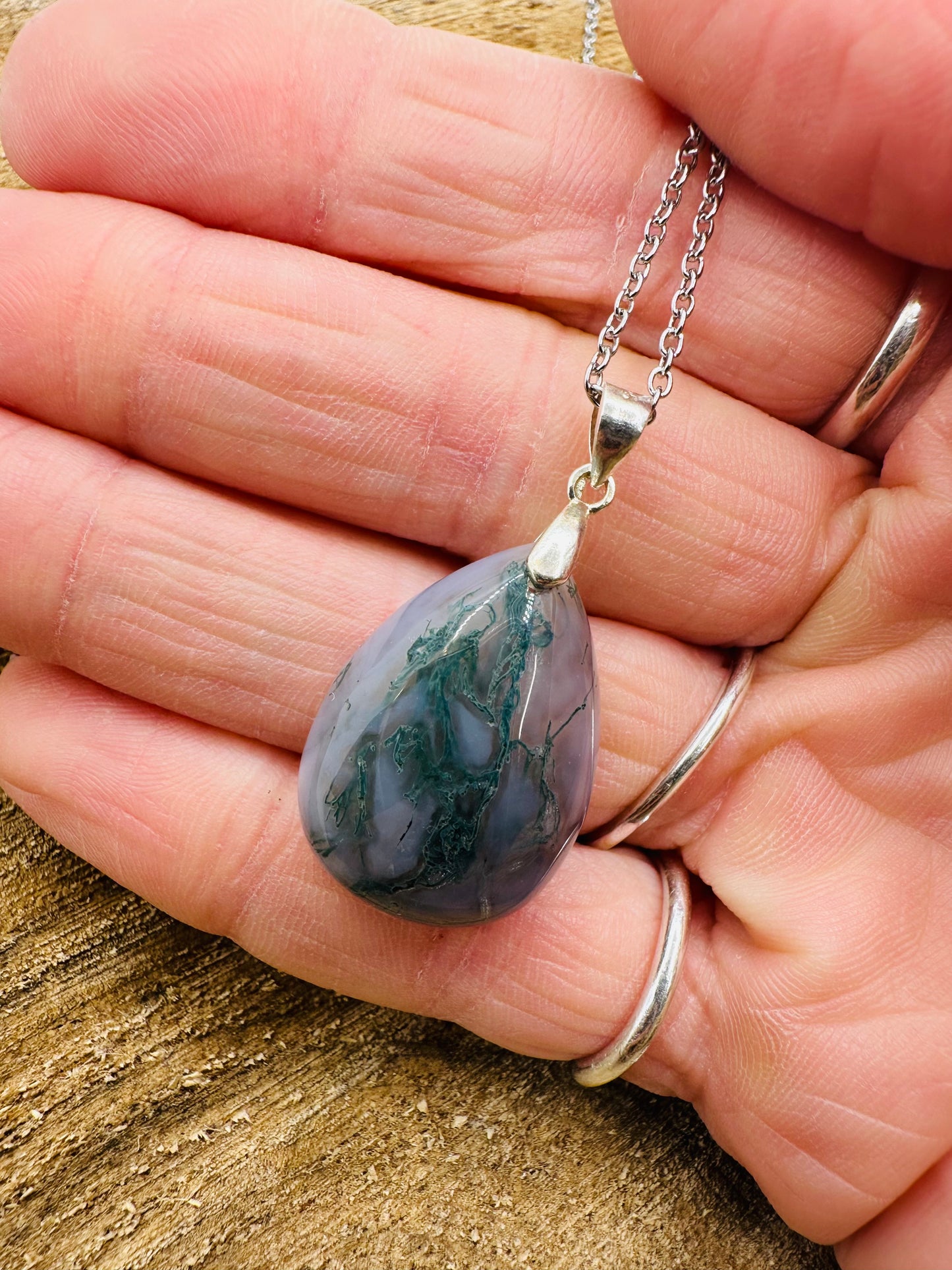 925 Moss Agate Tear Drop Pendant