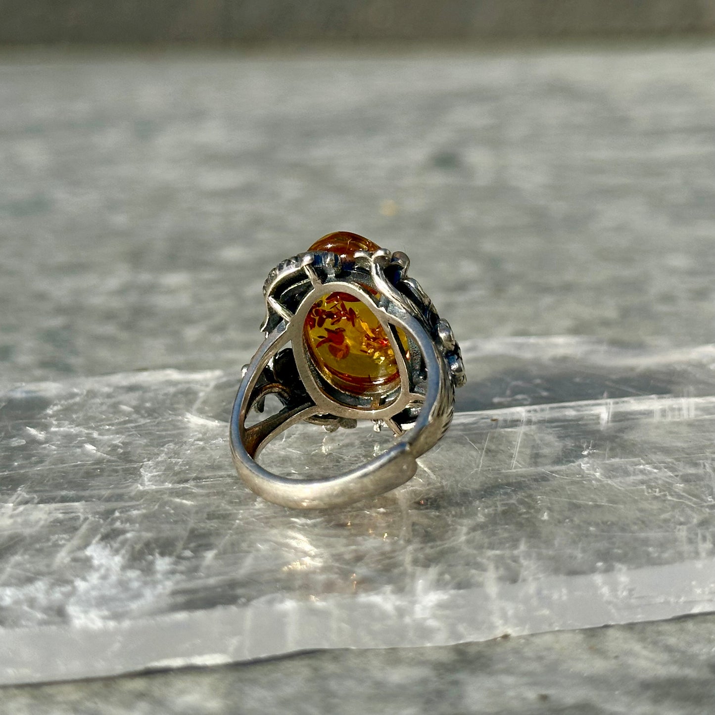 Ornate 925 Adjustable Amber Ring