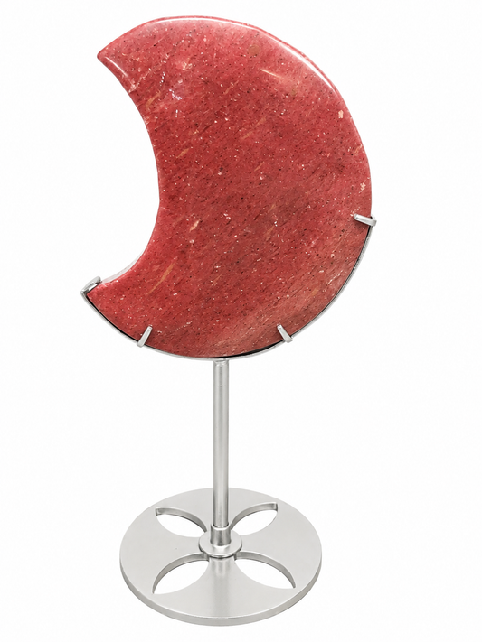 High Grade Rhodonite Moon on Stand – Reduced Price