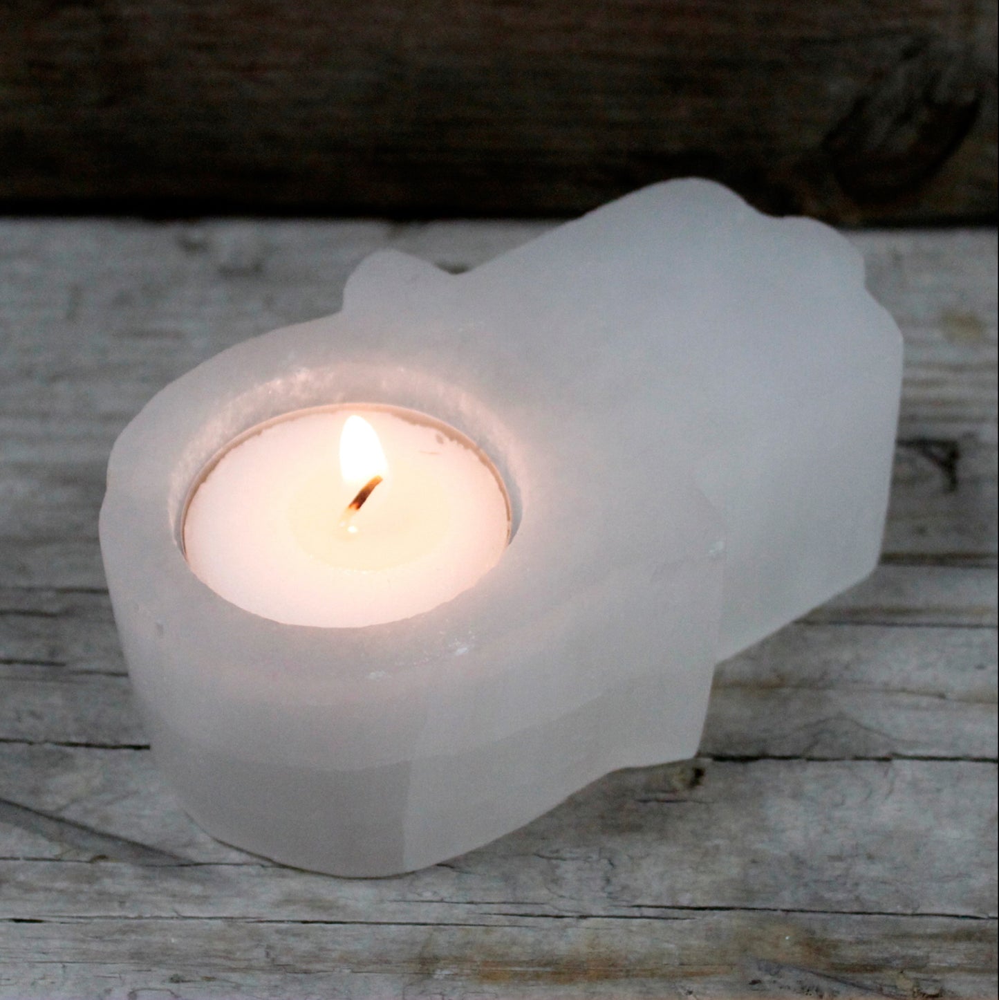 Selenite Hamsa Candle Holder