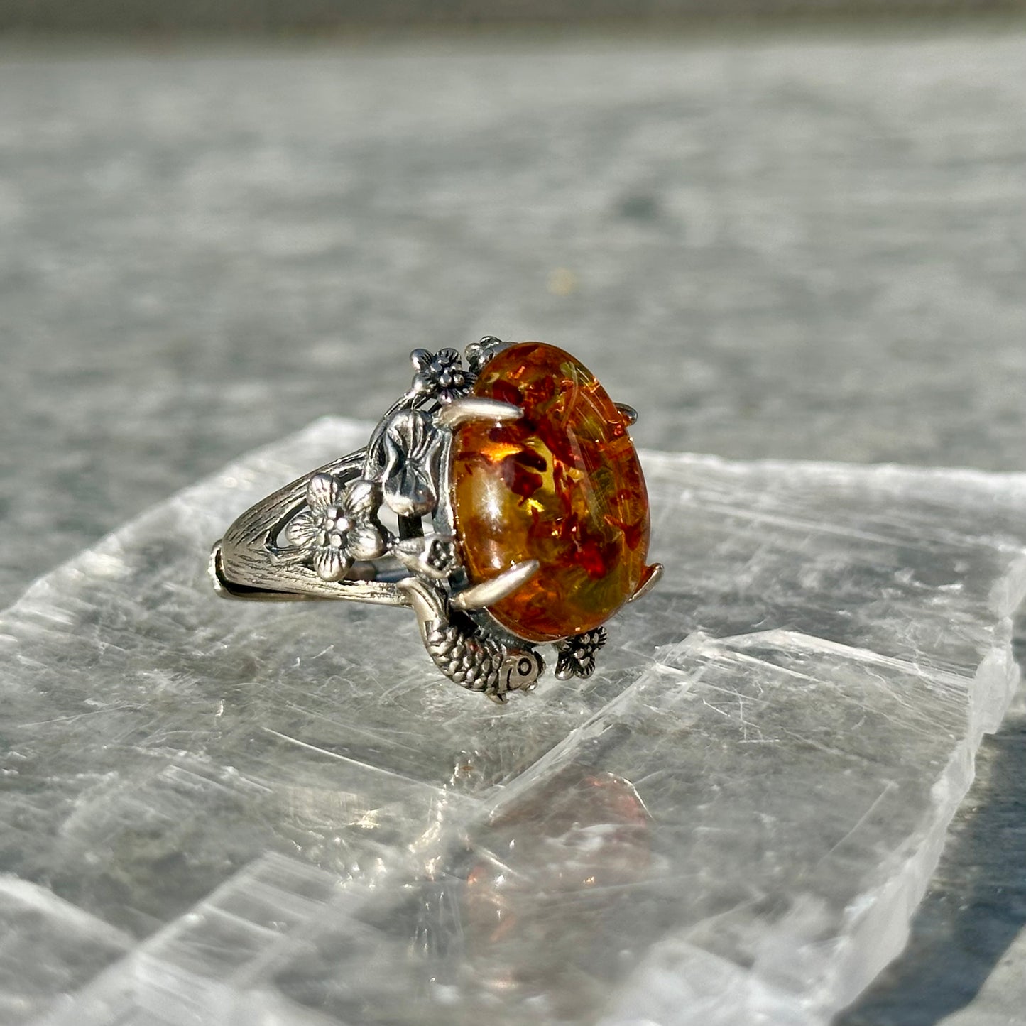 Ornate 925 Adjustable Amber Ring