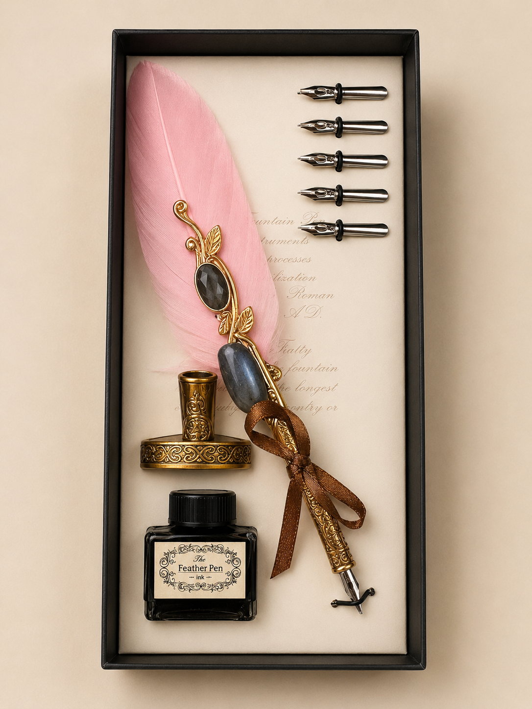 Pink Feather Dip Pen Set
