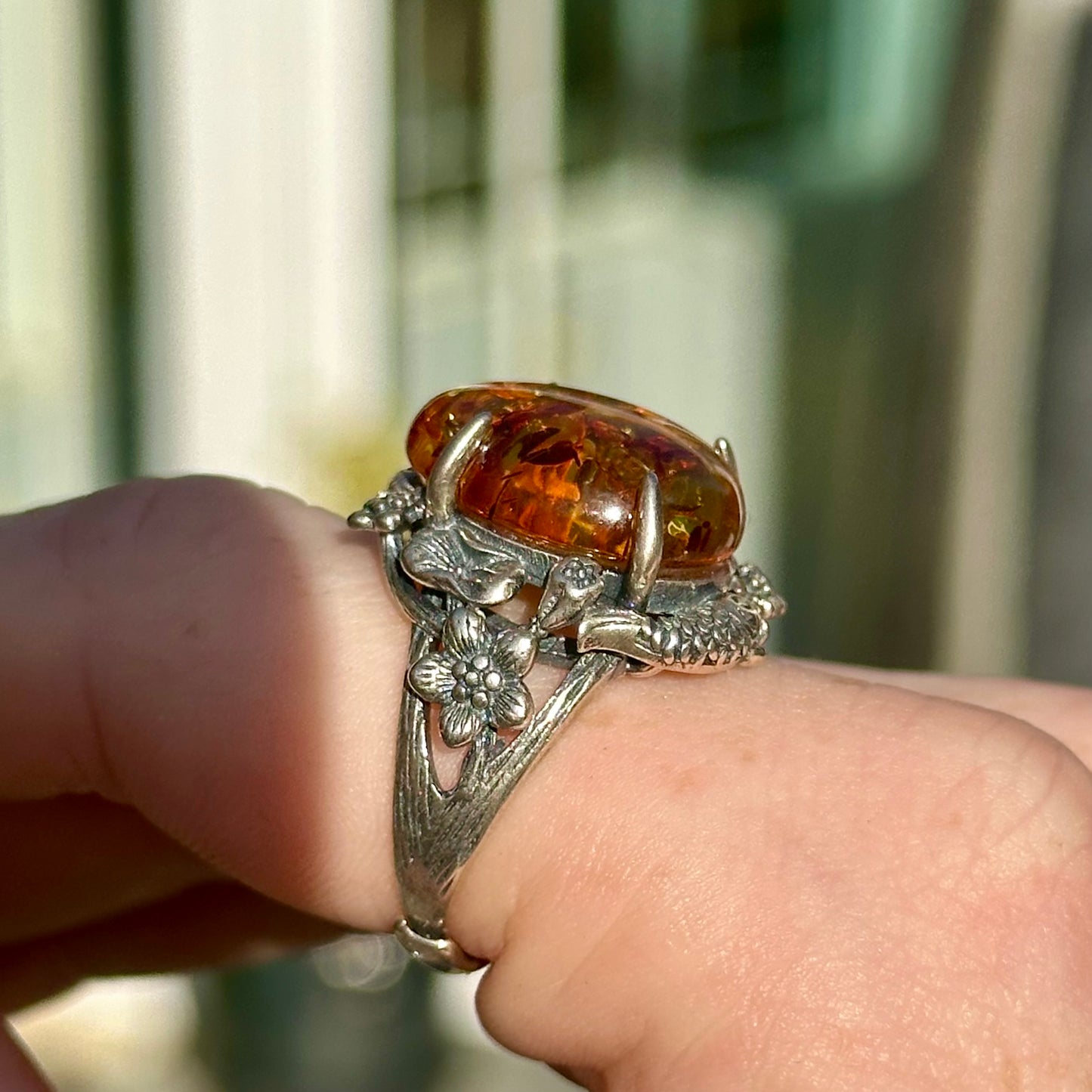Ornate 925 Adjustable Amber Ring