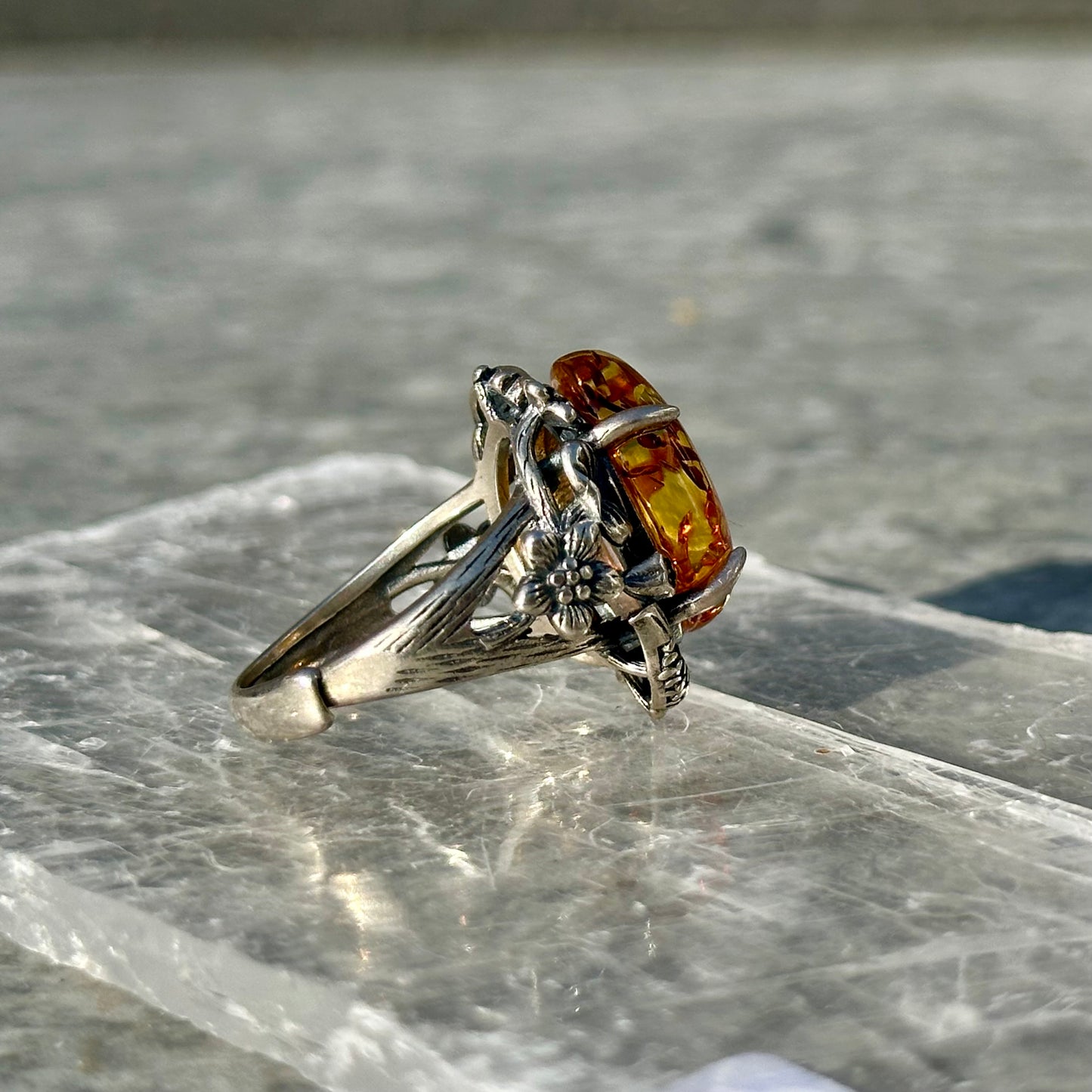 Ornate 925 Adjustable Amber Ring