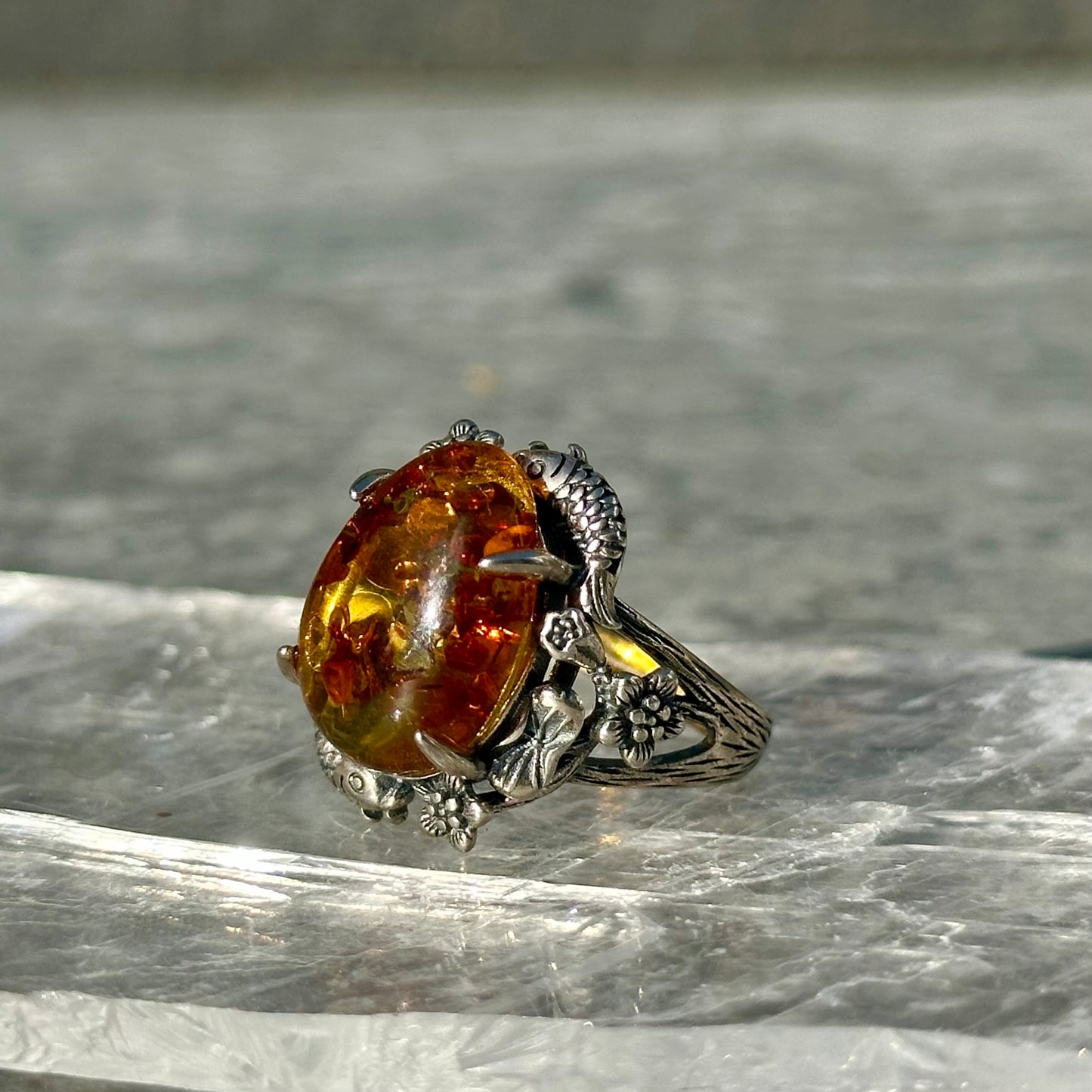 Ornate 925 Adjustable Amber Ring