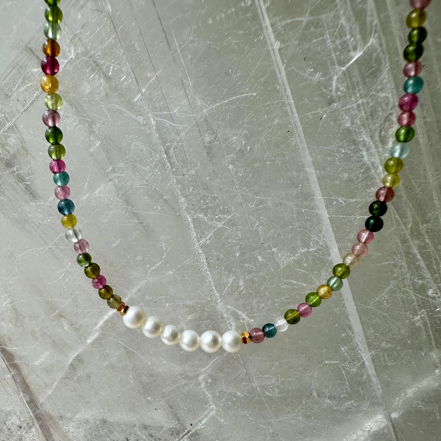 Mixed Tourmaline And Perl Bedded Necklace