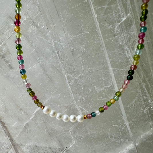 Mixed Tourmaline And Perl Bedded Necklace