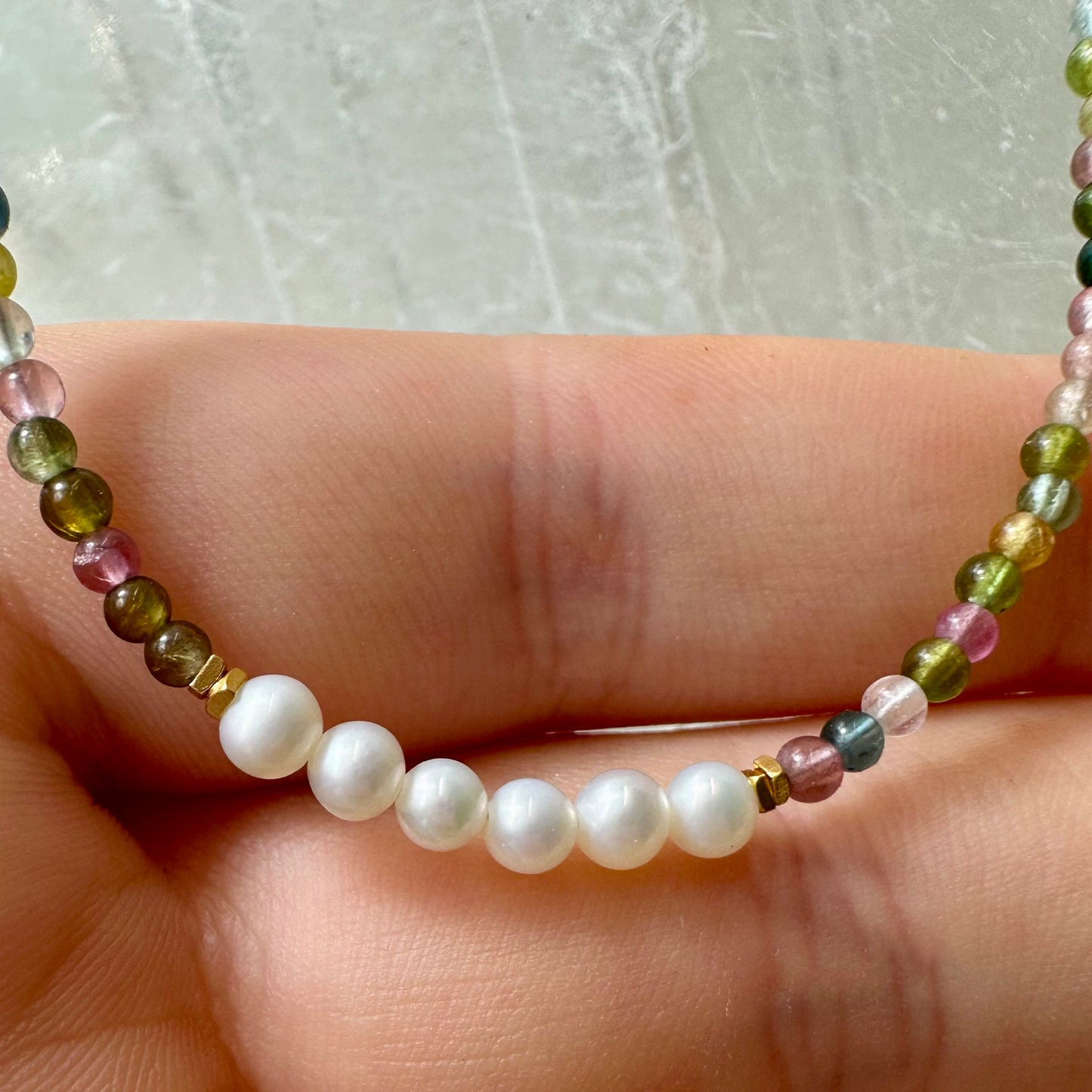 Mixed Tourmaline And Perl Bedded Necklace