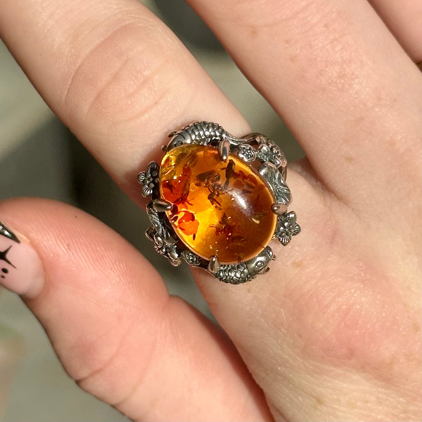 Ornate 925 Adjustable Amber Ring
