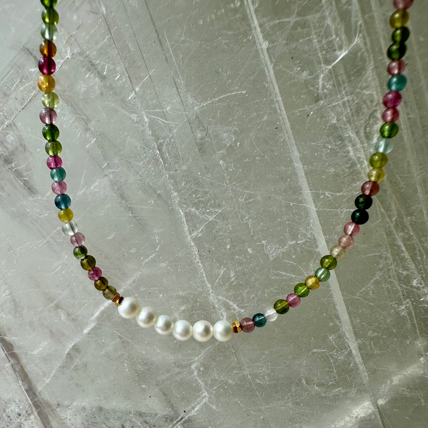 Mixed Tourmaline And Perl Bedded Necklace