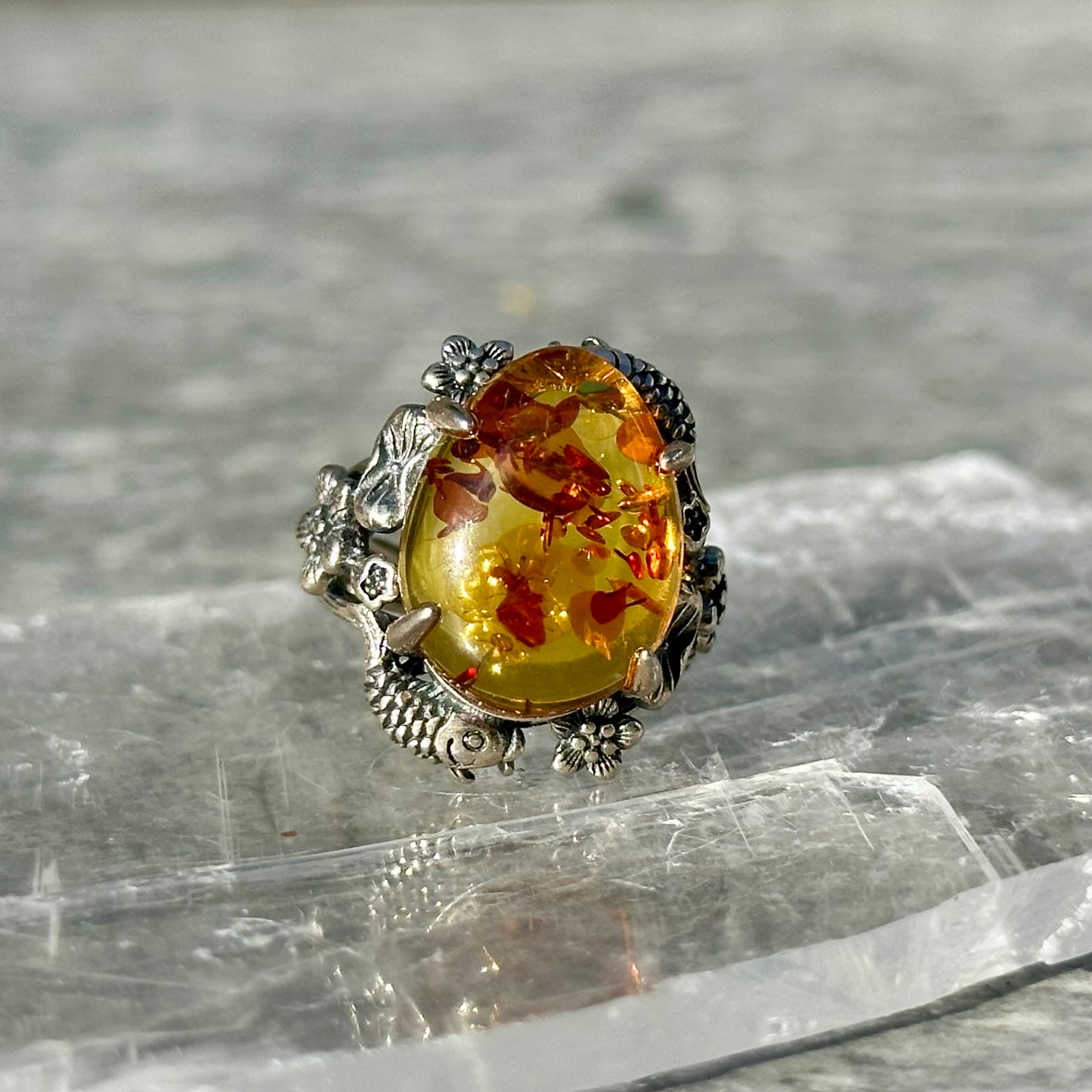 Ornate 925 Adjustable Amber Ring