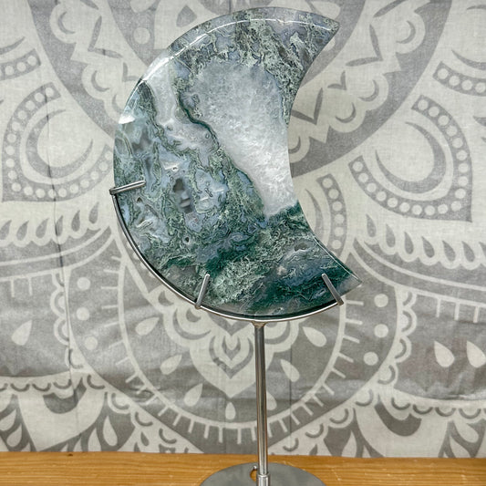 High Grade Jelly Moss Agate Moon On Stand Style 1