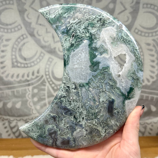 High Grade Jelly Moss Agate Moon On Stand Style 2