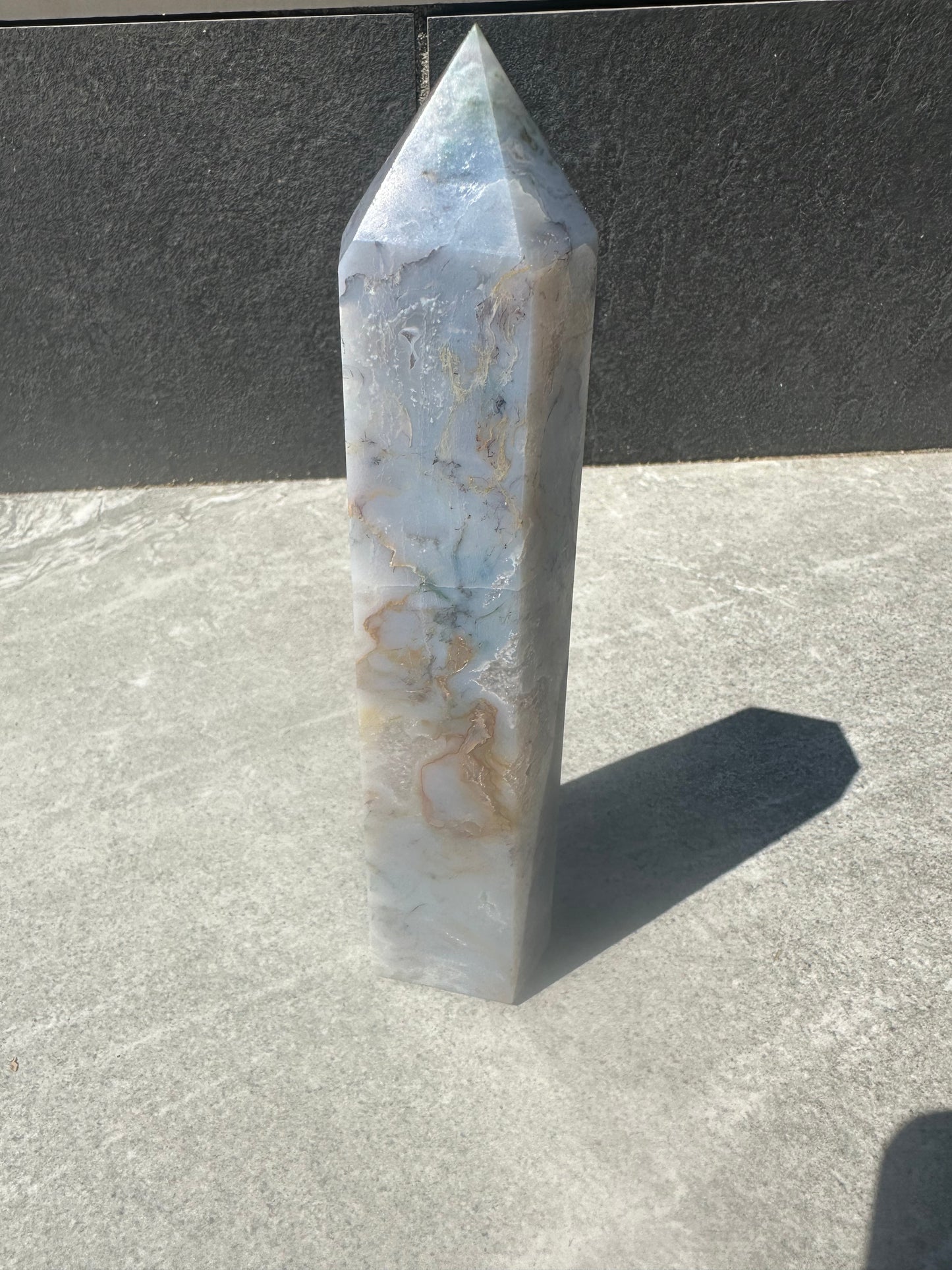Blue moss agate tower