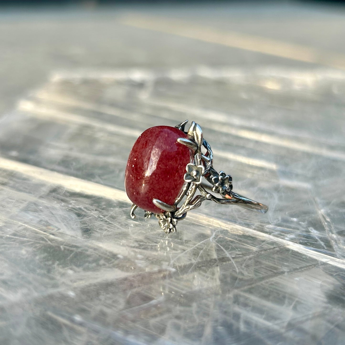 Adjustable Strawberry Quartz 925 Ring