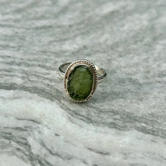 High Grade Moldavite 925 Ring (Size P/Q)