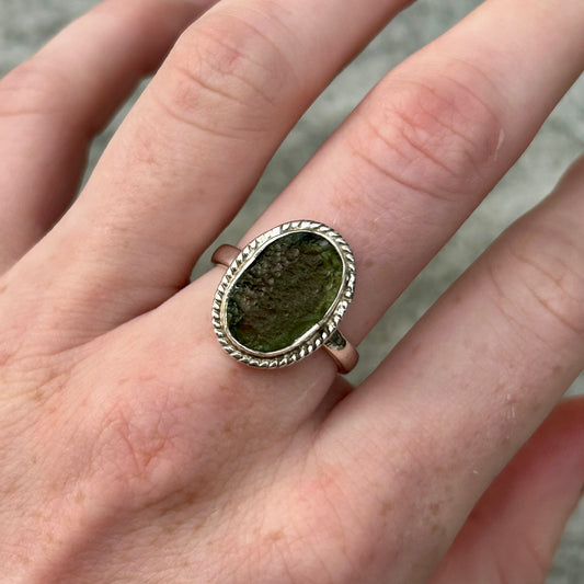 High Grade Moldavite 925 Ring Size P/Q