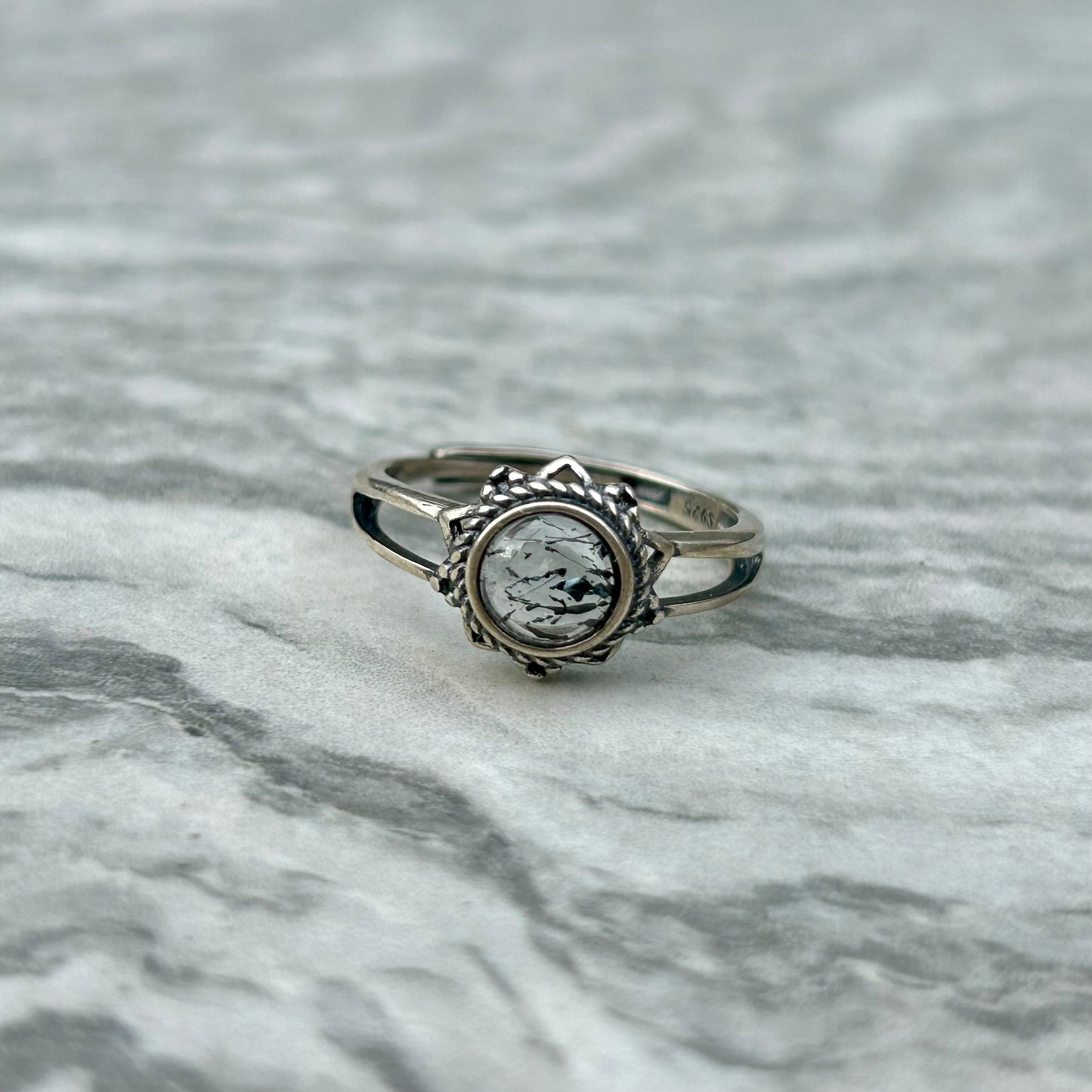 Adjustable Tourmalinated Quartz 925 Ring