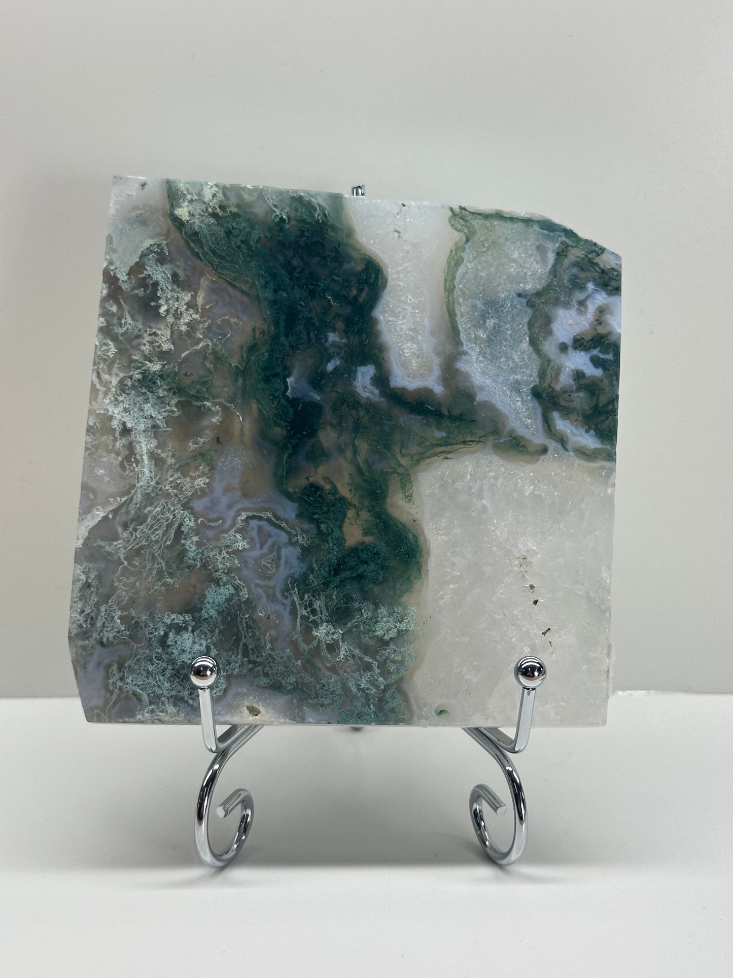 Moss Agate Slab On Stand