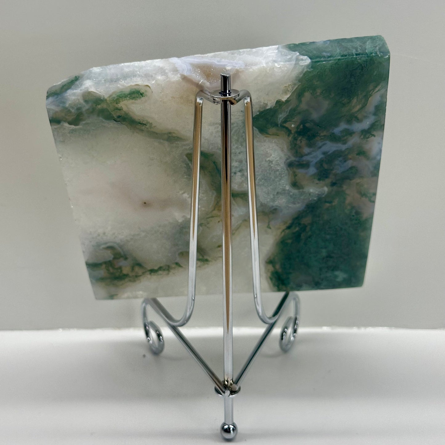 Moss Agate Slab On Stand